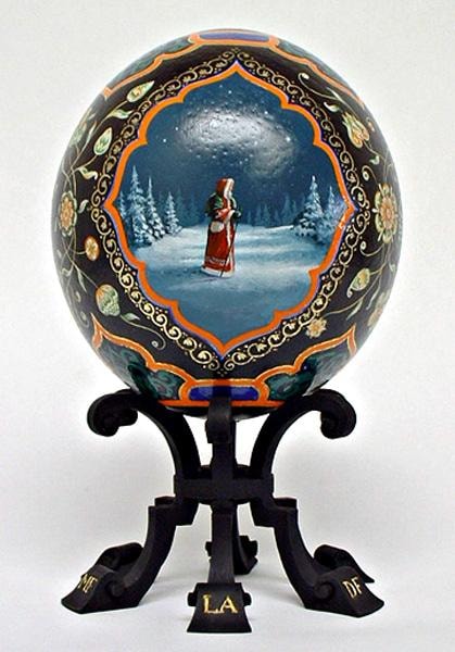 Winter landscape with troika on painted ostrich egg